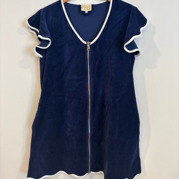 SSYS Get Ready Robe Navy Velvet Robe White Scallop Trim size M - Picture 3 of 9
